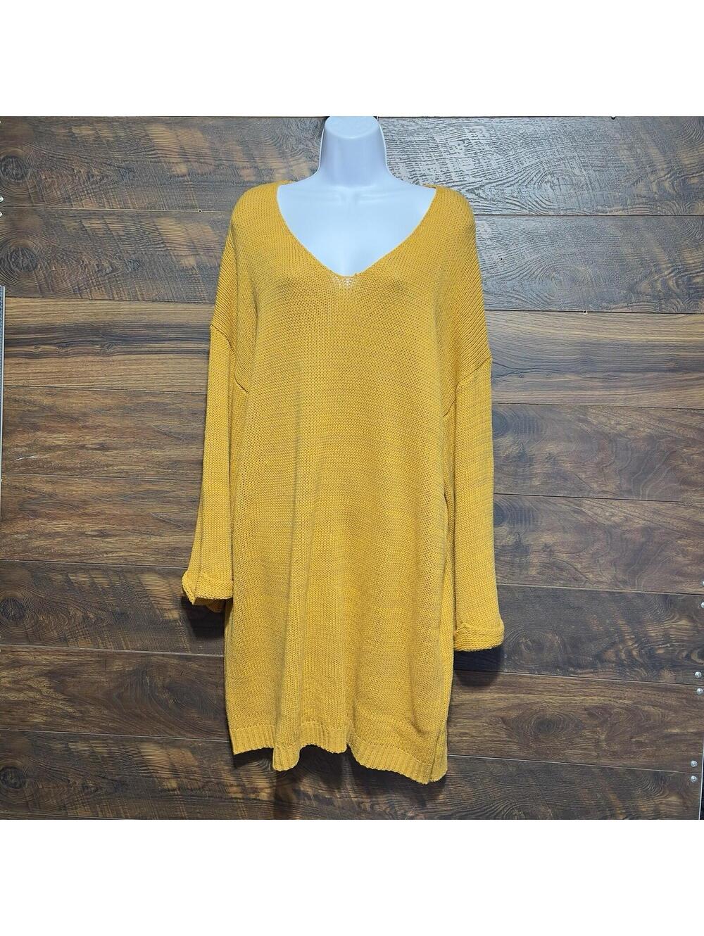 Cozcore L Chunky Knit V Neck Sweater Tunic Dress Mustard Yellow Slouchy Oversize